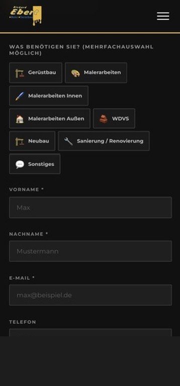 Anfrageformular auf richard-ebert.com: Mehrfachauswahl der Leistungen und Kontaktfelder